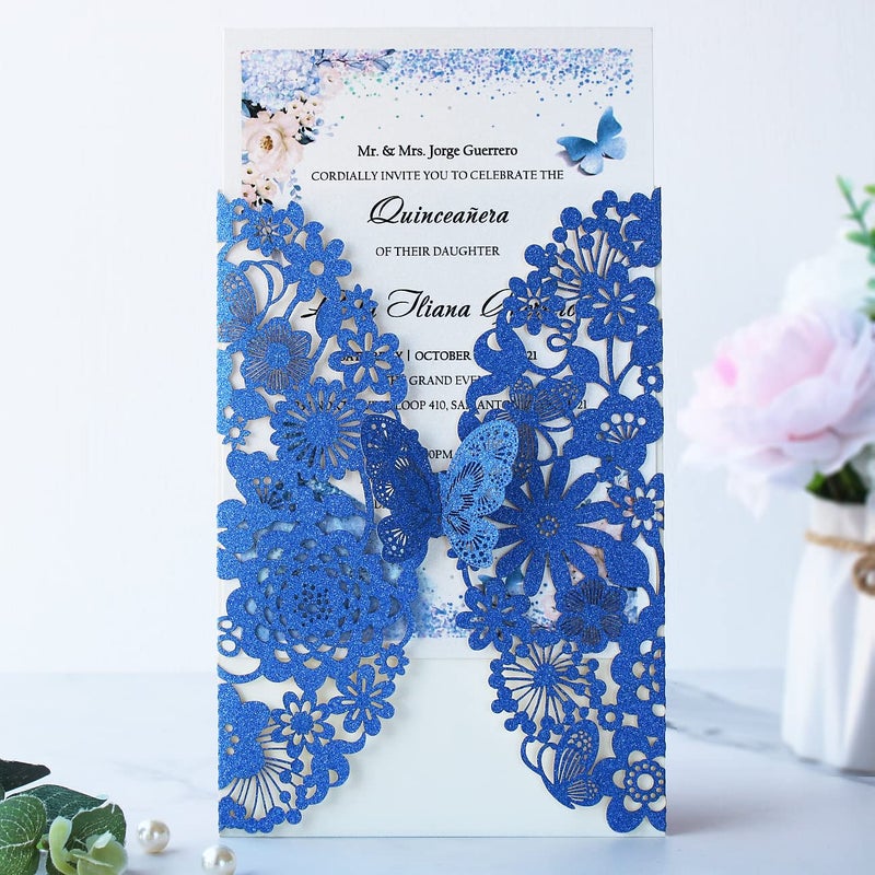Hosmsua 5.12 x 7.3 Inch 20PCS Royal Blue Quinceanera Invitation Kit Laser Cut Lace Flora Butterfly Invitation Pocket with Envelope Invitation for Bridal Shower QuinceaÃ±era (Royal Blue Glitter) - Image 3